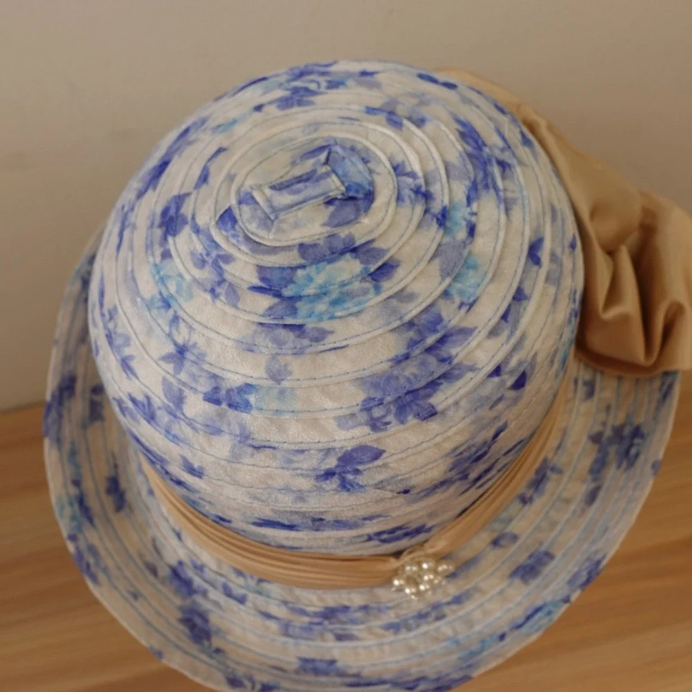 Vintage Kentucky Derby Hat Blue Breton Church Floral Organza Bow Pearl Brooch - Picture 9 of 11